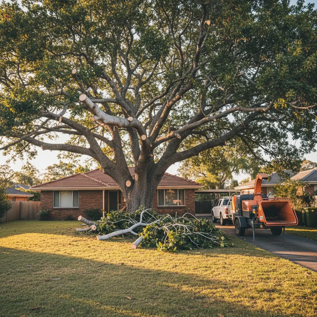 Large tree mid-lopping in a Sunshine Coast residential front yard with red wood chipper