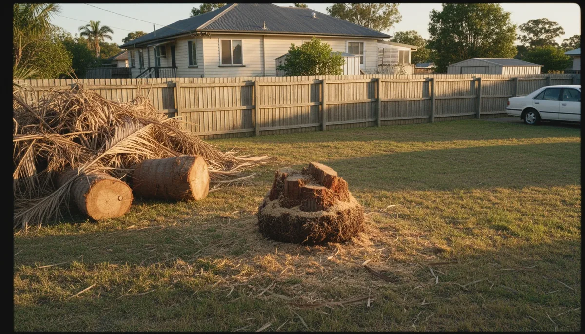 Palm tree stump and trunk rounds in a Sunshine Coast backyard after removal