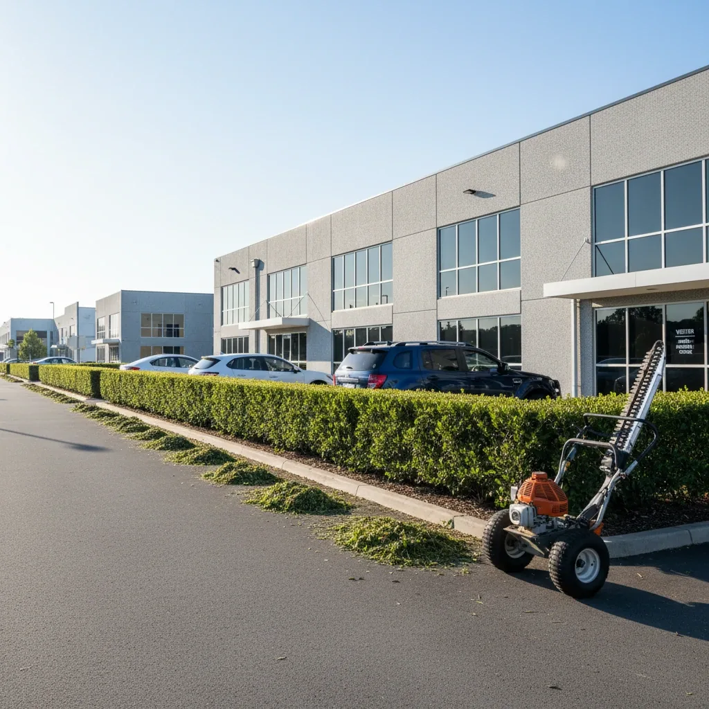 Commercial hedge trimming at a Sunshine Coast industrial property