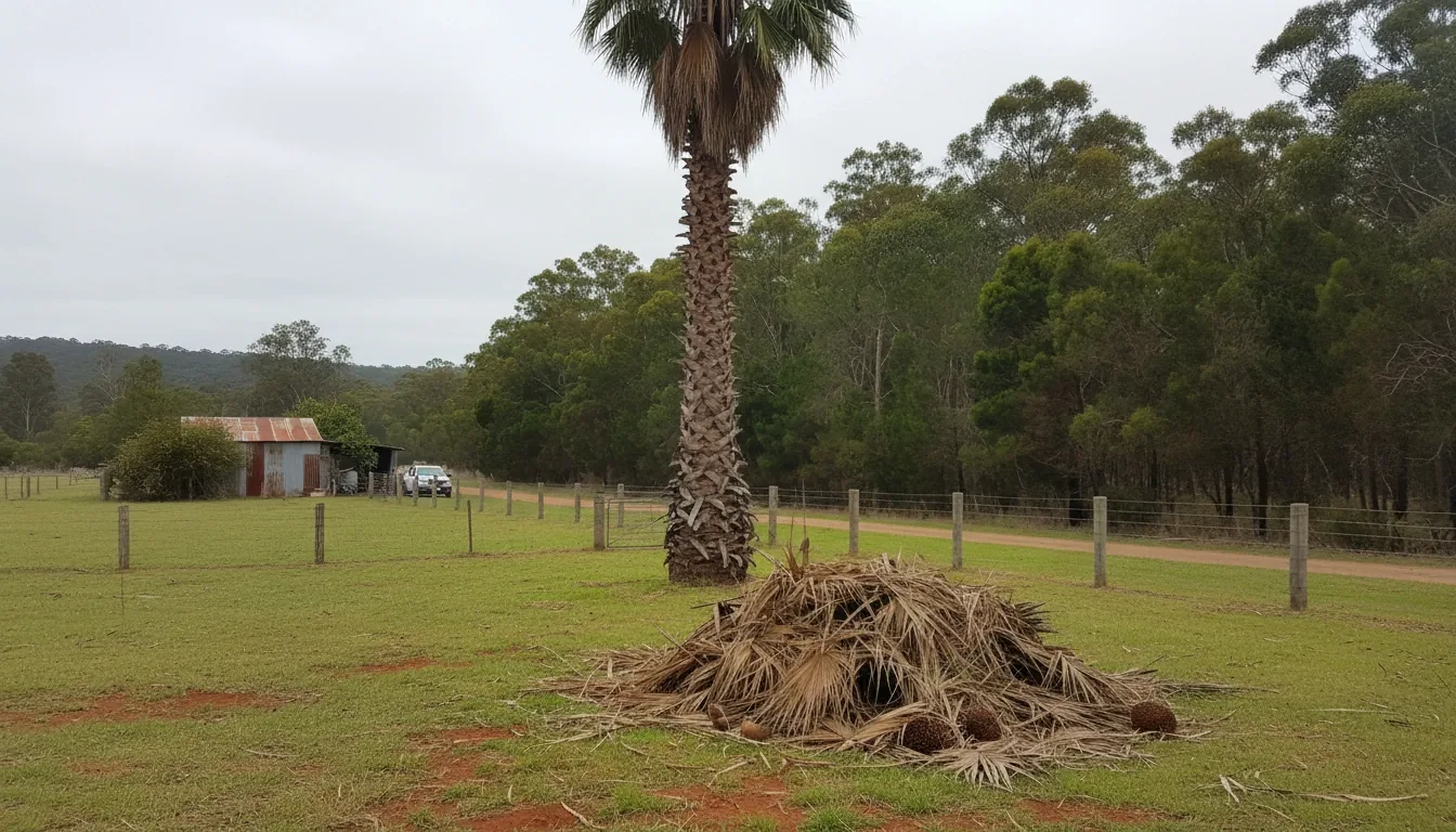 Palm tree with fronds stripped back after trimming on a Sunshine Coast hinterland rural property
