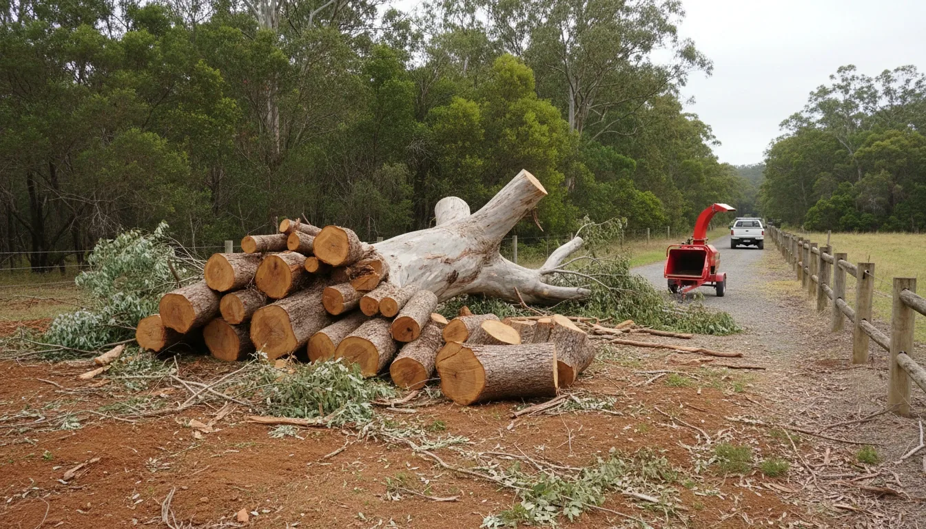 Felled eucalyptus cut into timber rounds on a Sunshine Coast hinterland driveway with red wood chipper in background